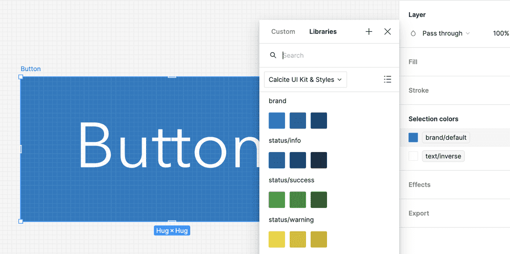 Calcite Figma Web UI Kit with semantic tokens including brand, status/info, status/success, and status/warning depicted in the Button component.